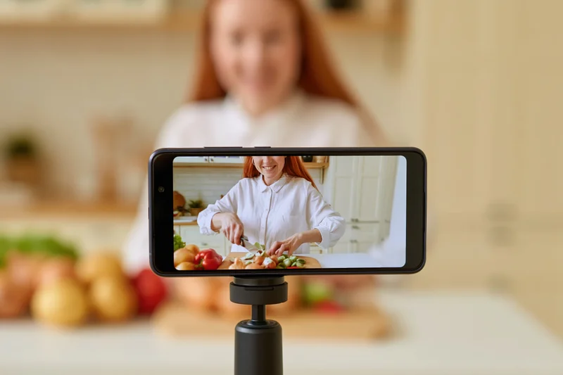 Smartphone on tripod recording woman chopping vegetables in kitchen
