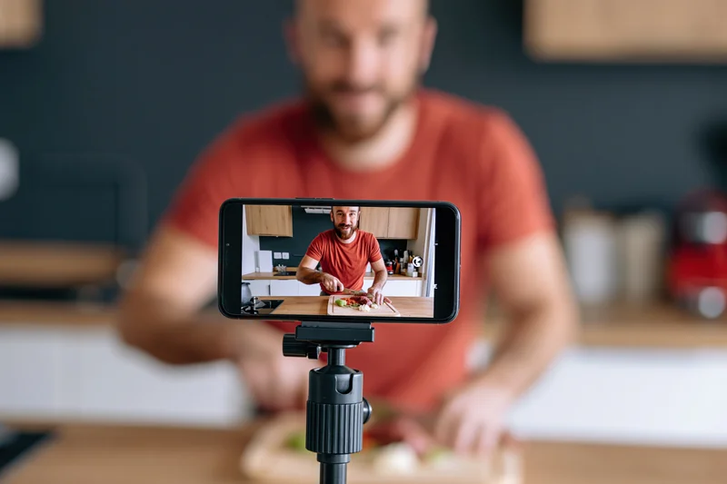 Man cooking in kitchen filmed by smartphone on tripod