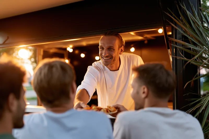 Chef serving food from food truck window to customers outside at evening