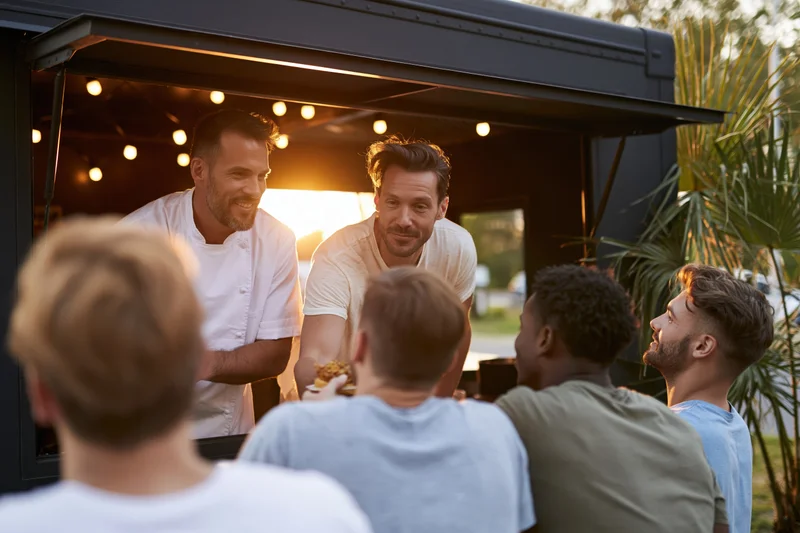Male cook serving food from food truck window to group of men outdoors at sunset