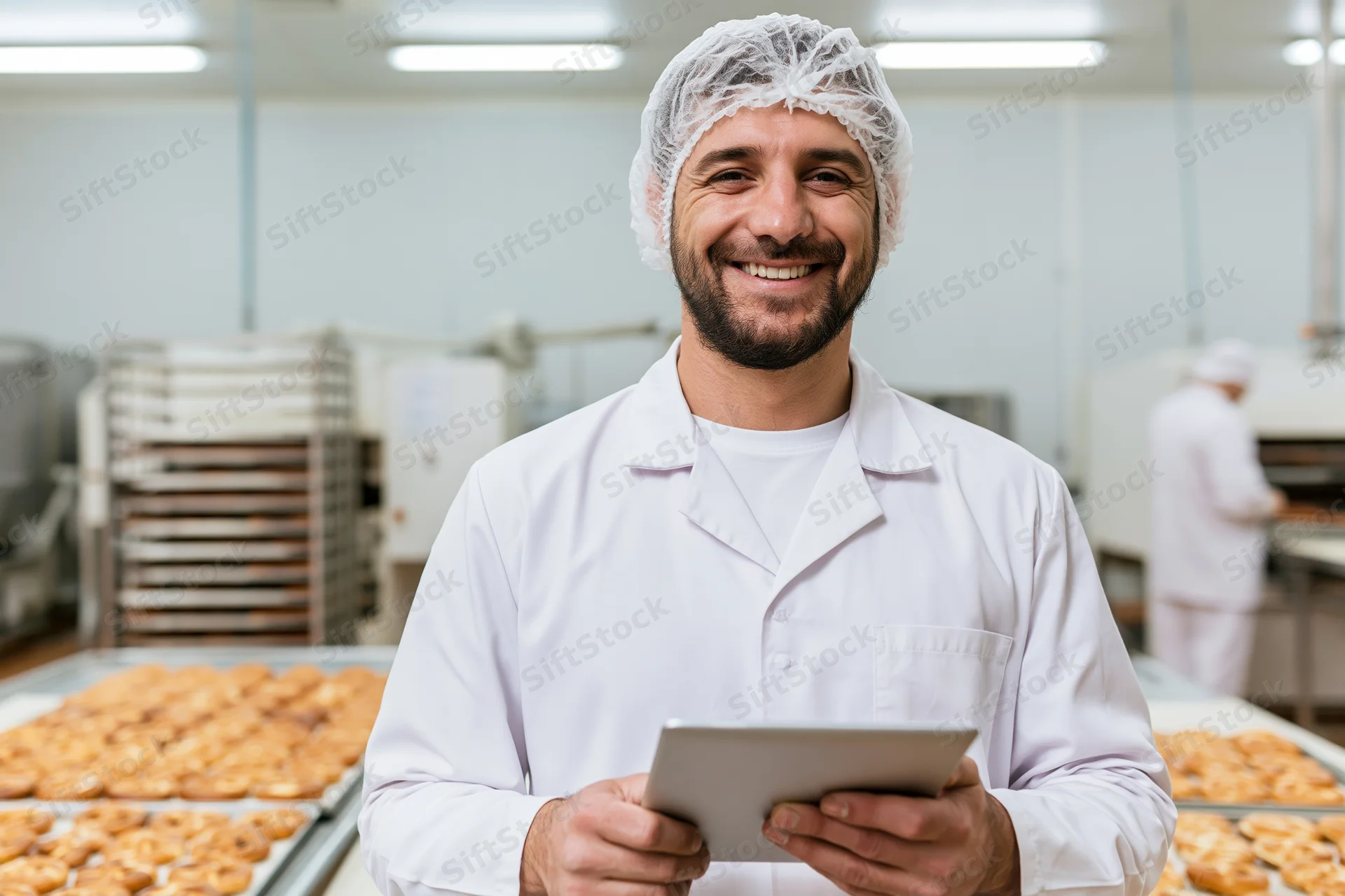 Smiling male worker in white coat and hairnet holding tablet in bakery factory with trays of pastries around him