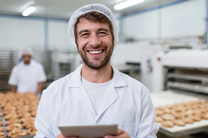 Smiling male worker in white labcoat and hairnet holding tablet in food factory with cookies on trays