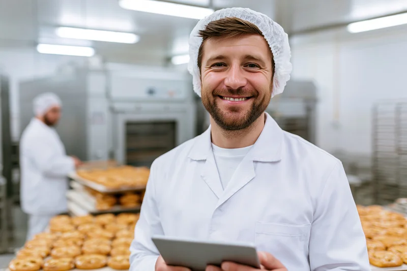 Smiling male worker in white uniform holding tablet in bakery factory with doughnuts on trays around him