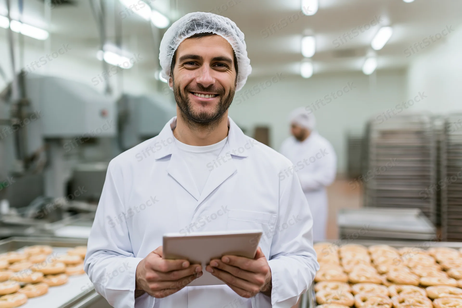 Smiling male worker in white coat and hairnet holding tablet in bakery factory with trays of doughnuts around him