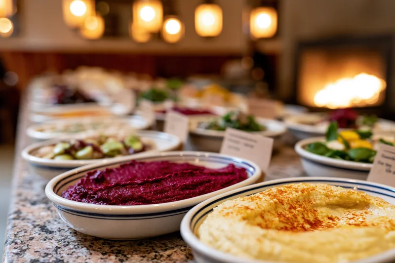 Mezze dishes including hummus and beetroot dip arranged on a marble table with warm lighting and fireplace in background