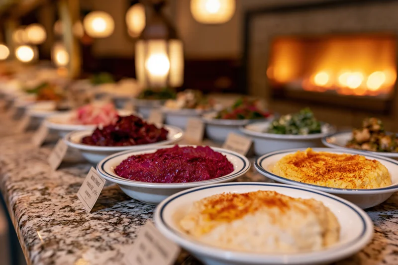 Middle eastern mezze dishes arranged on a marble countertop with warm lighting and fire in background