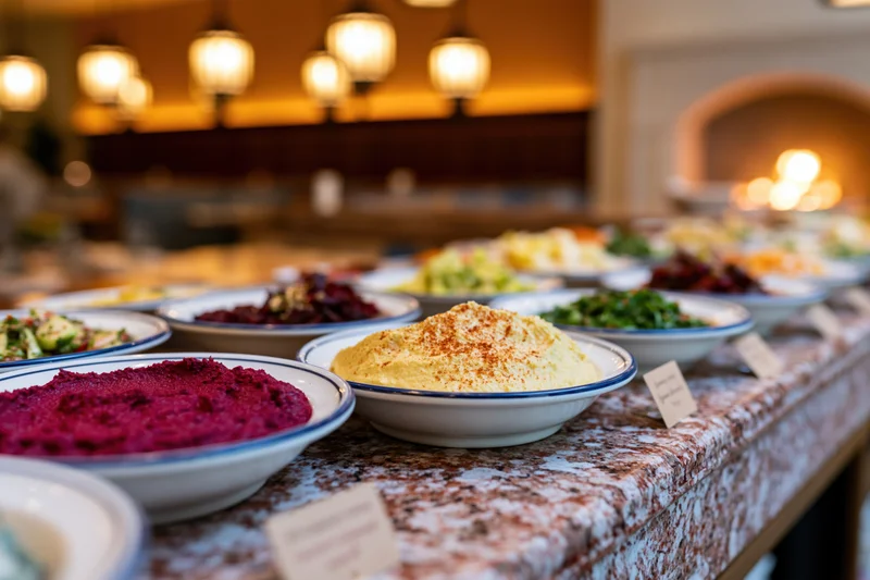 Middle eastern mezze dishes arranged on a marble table in a warmly lit restaurant setting