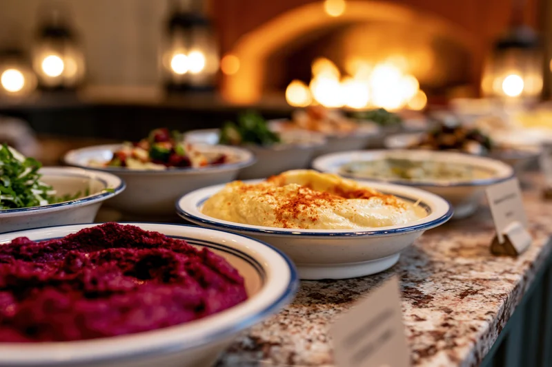 Middle eastern mezze dishes arranged on a marble countertop with warm lighting and lanterns in the background