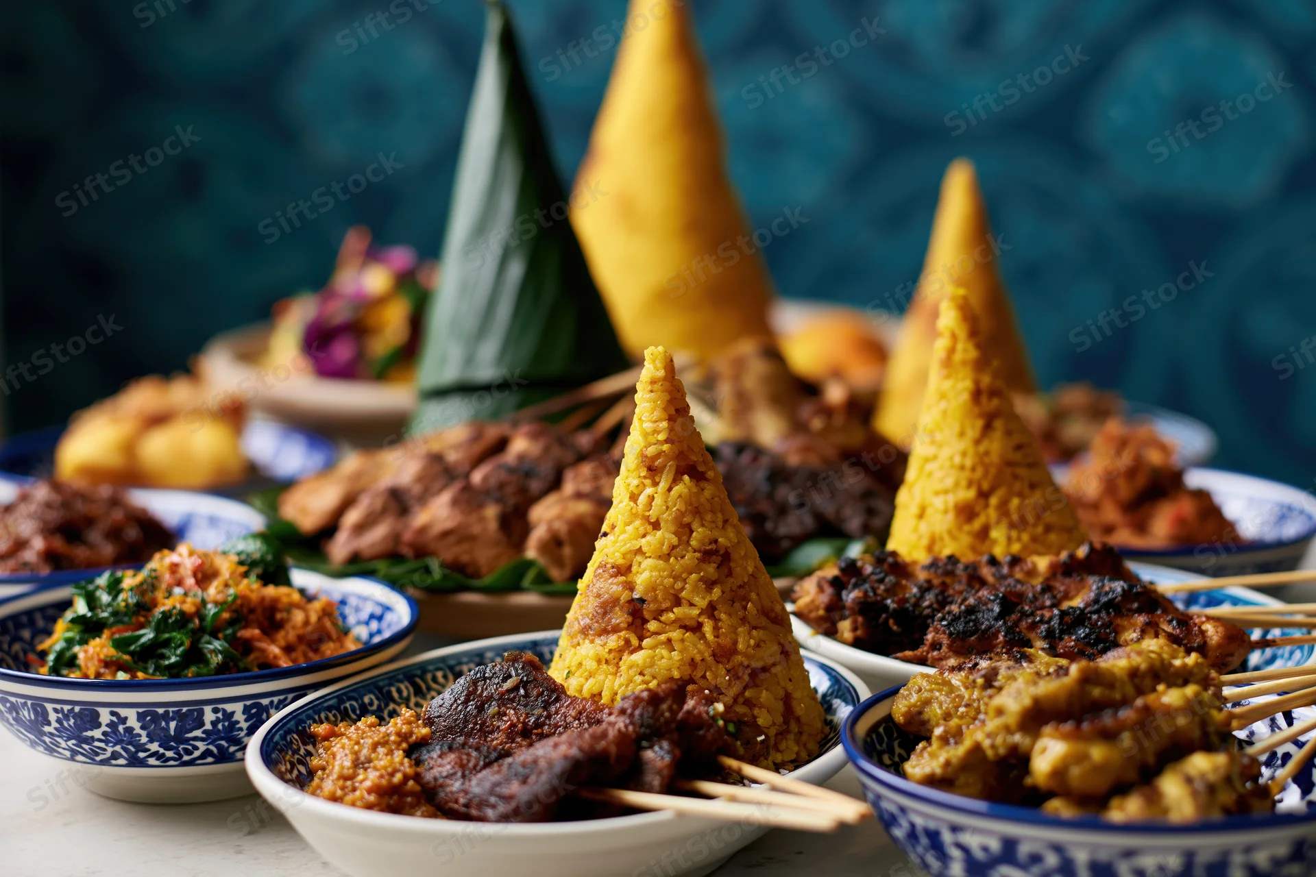 Traditional indonesian dishes arranged on a table with cone-shaped rice and satay skewers in ceramic bowls