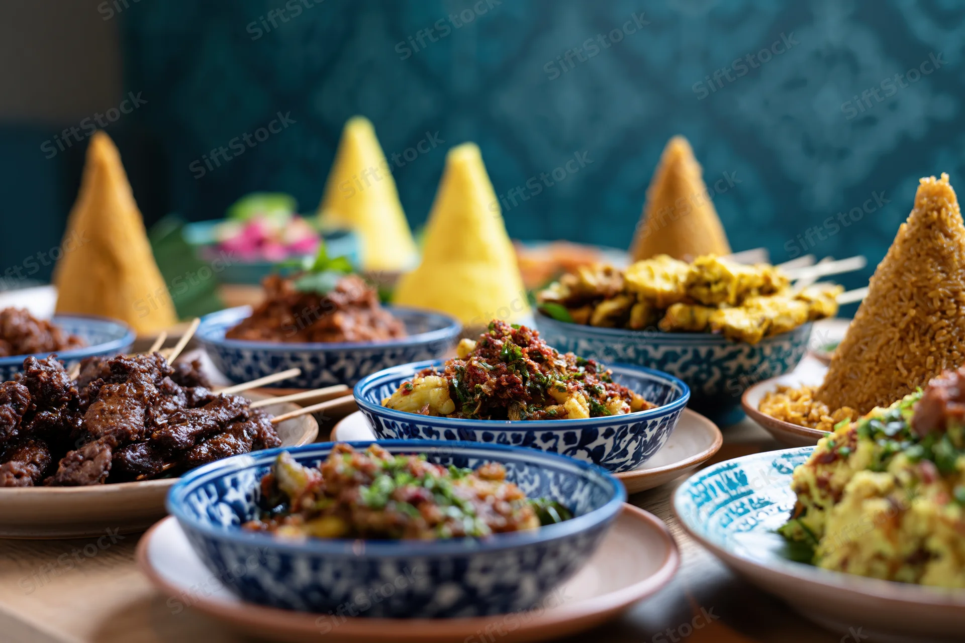Traditional indonesian dishes arranged on a table with blue patterned bowls and yellow rice cones
