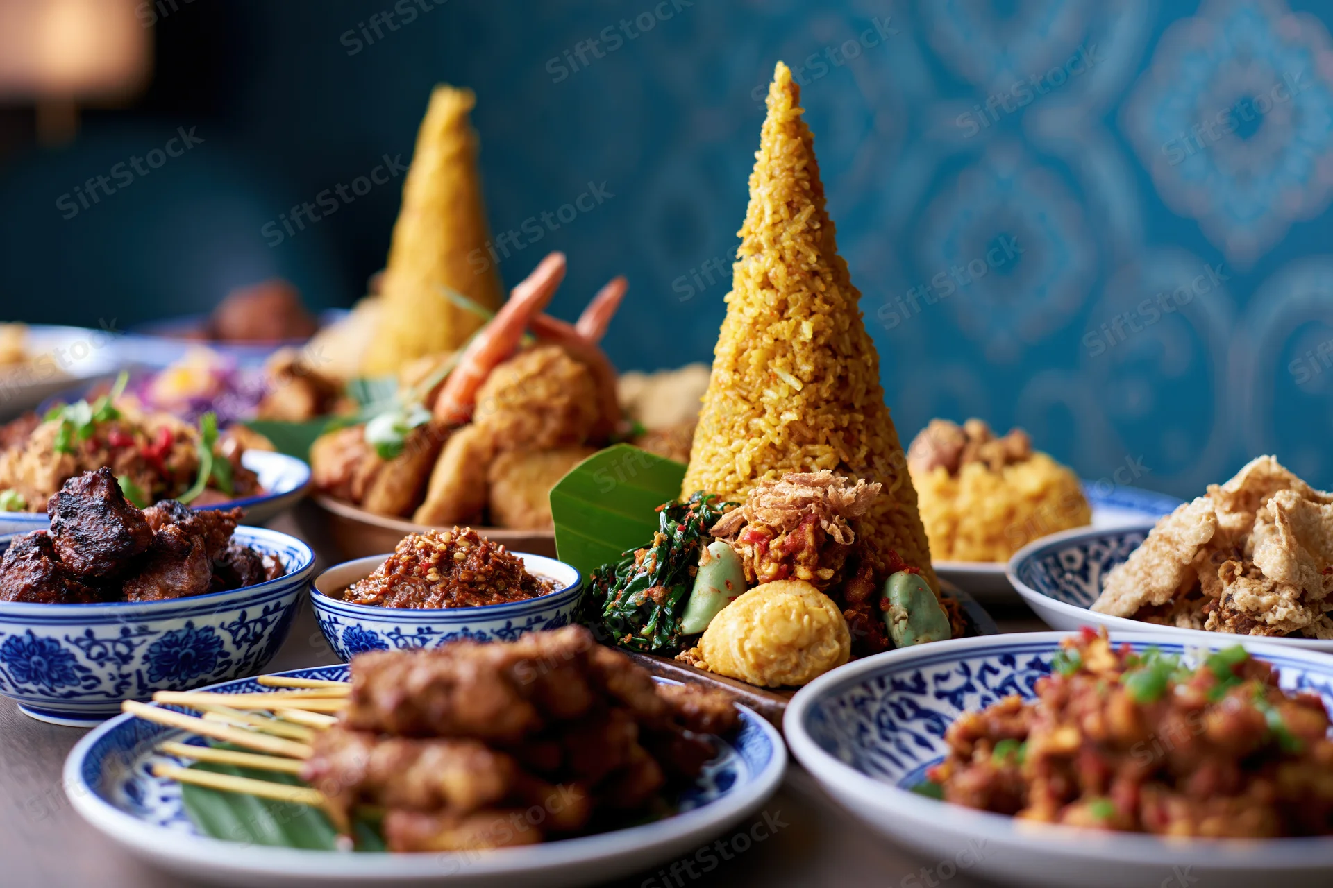Traditional indonesian dishes arranged on a dining table with cone-shaped rice and various side dishes in blue and white ceramic bowls