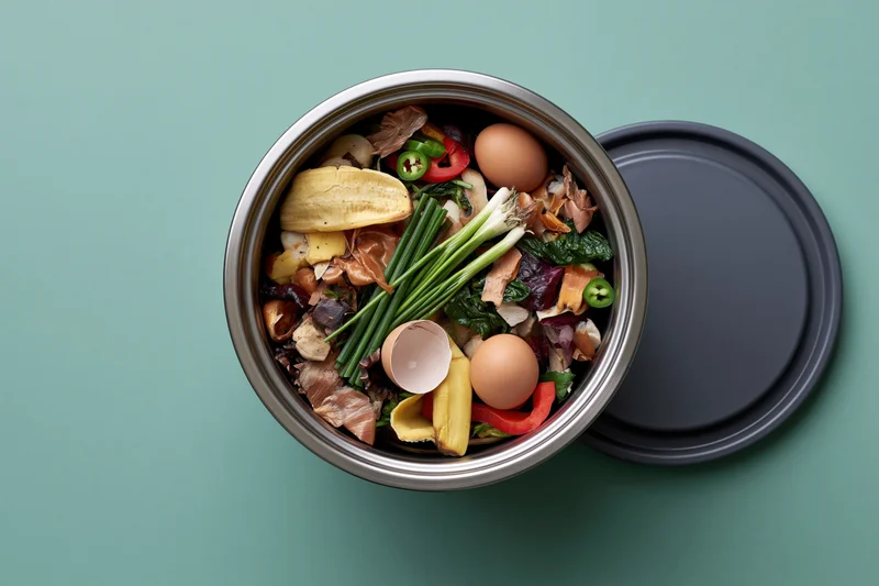 Stainless steel compost bin filled with mixed food scraps on a teal surface