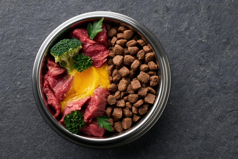 Stainless steel pet bowl split with raw meat, egg, broccoli and kibble on dark slate surface