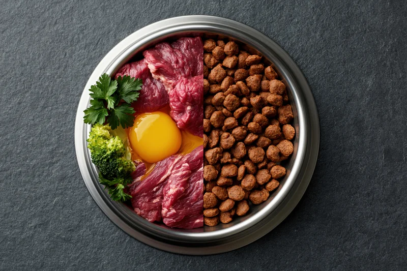 Stainless steel pet bowl split with raw meat, egg, vegetables on one side and kibble on the other, on dark surface