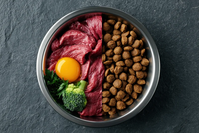 Stainless steel pet food bowl split in half with raw meat, egg, vegetables on one side and kibble on the other, on dark stone surface