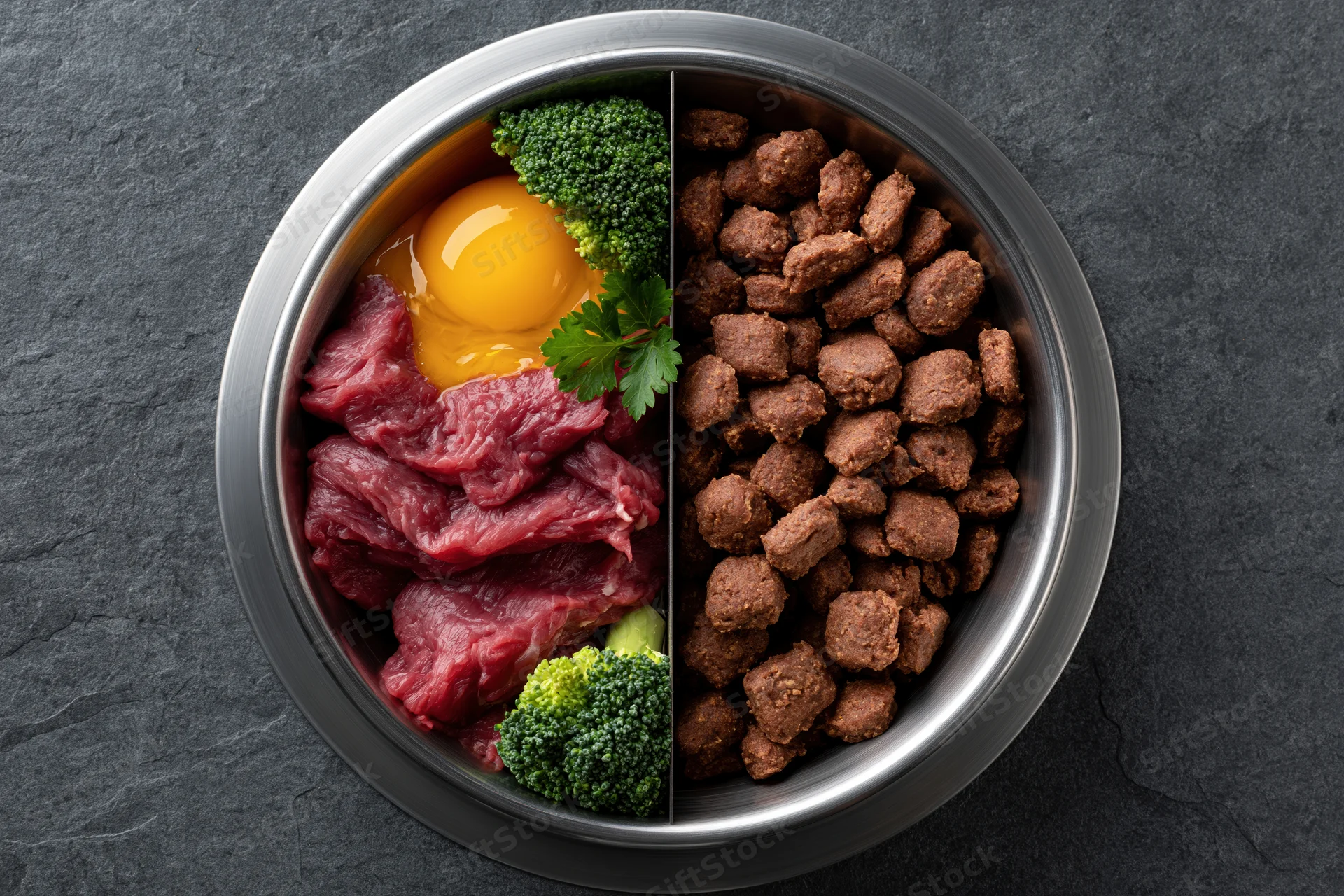 Stainless steel pet bowl split in half with raw meat and vegetables on one side and kibble on the other, on dark stone surface