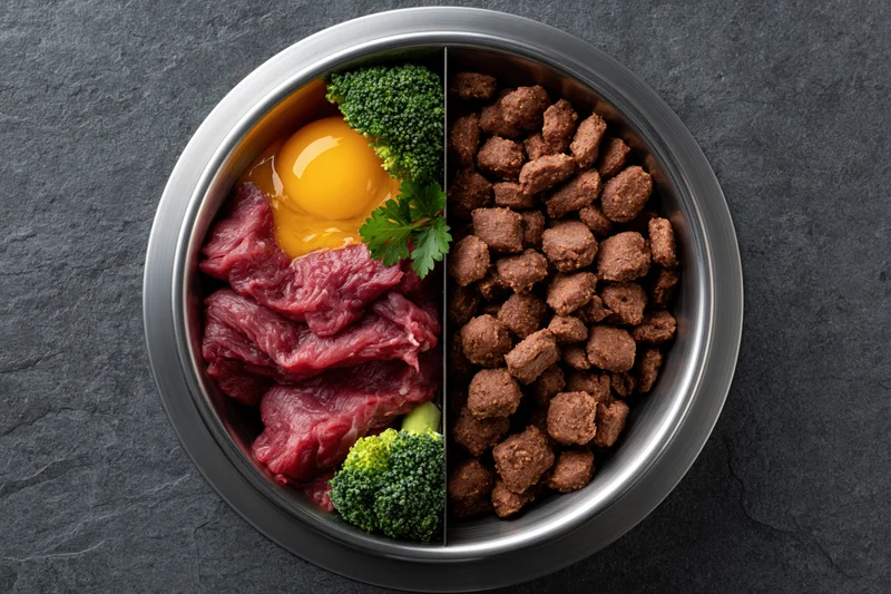 Stainless steel pet bowl split in half with raw meat and vegetables on one side and kibble on the other, on dark stone surface