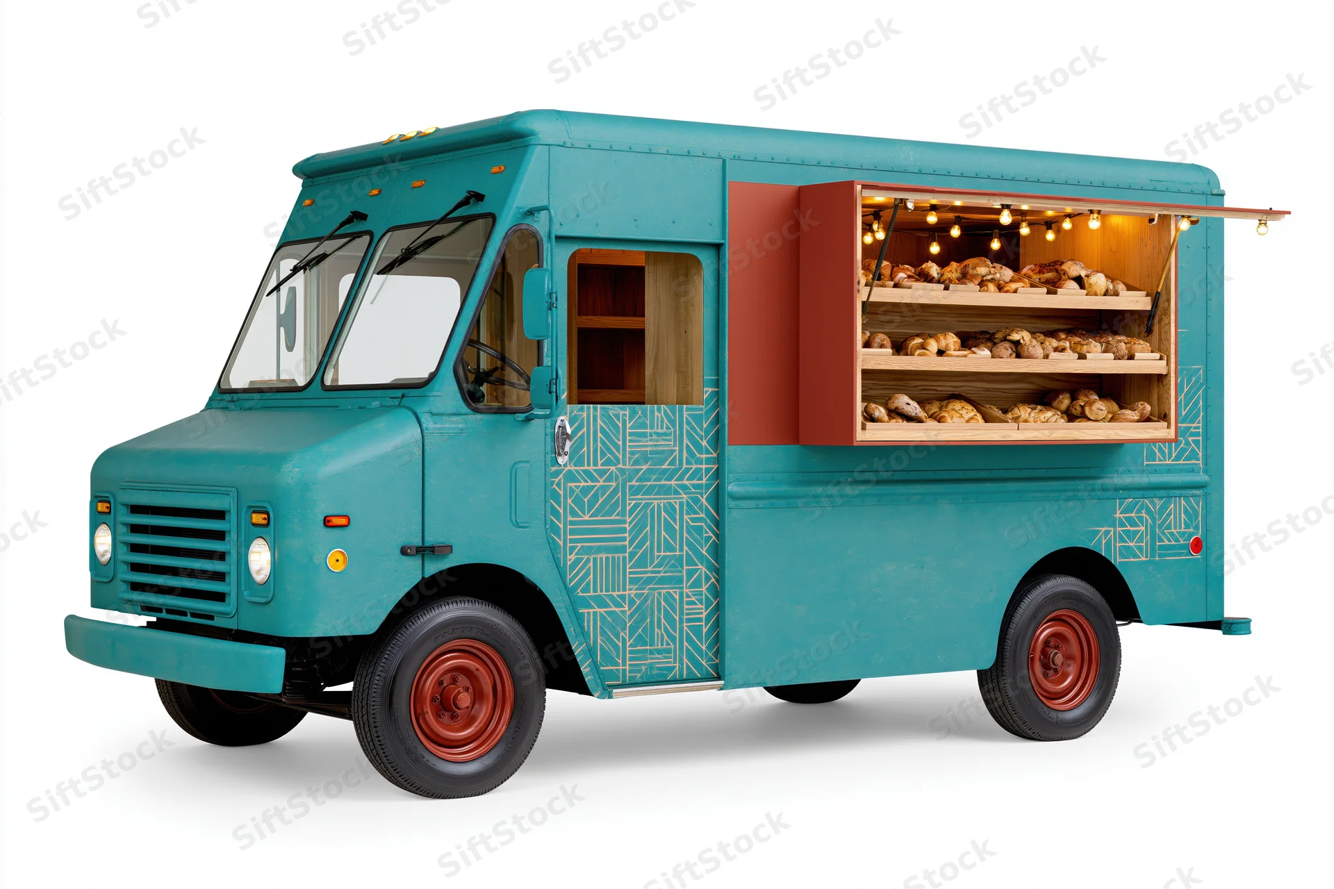 Teal vintage food truck with open side window displaying baked goods on wooden shelves