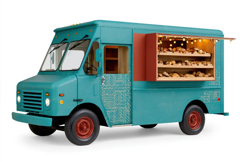 Teal vintage food truck with open side window displaying baked goods on wooden shelves
