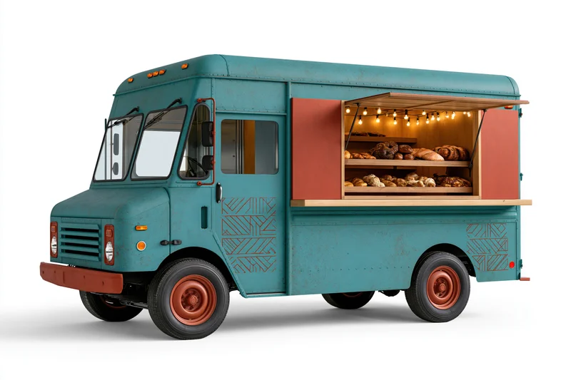 Vintage teal step-van food truck with open bakery display serving bread and pastries on white background