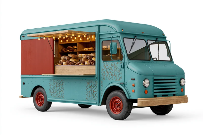 Teal vintage food truck with open side display of baked goods and string lights on white background