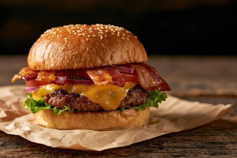 Thick bacon cheeseburger with melted cheddar, crispy bacon, lettuce, tomato and onion on sesame bun, resting on crumpled paper over wooden table