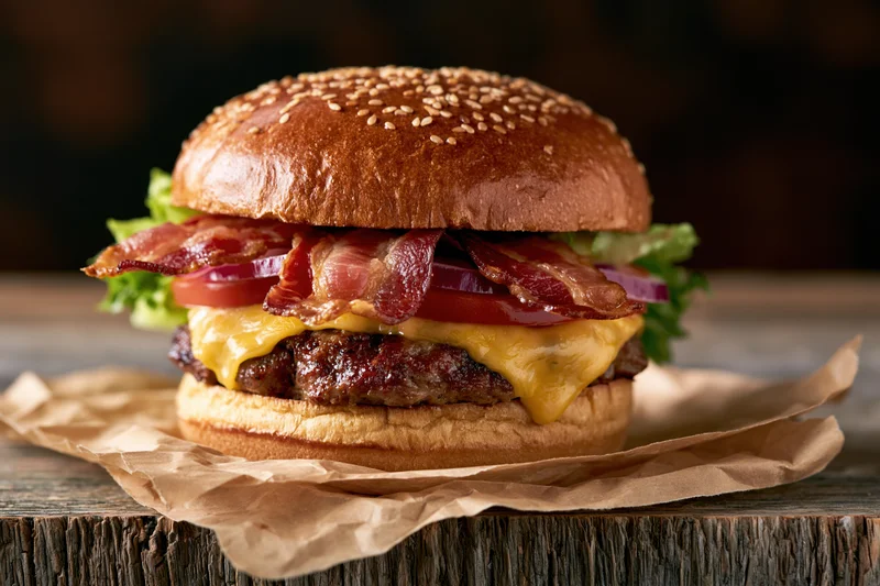 Thick bacon cheeseburger with melted cheddar and crispy bacon on sesame bun, served on crumpled paper atop wooden surface