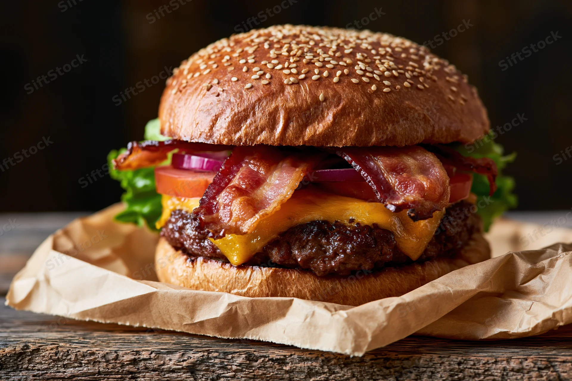 Thick bacon cheeseburger with melted cheddar and crispy bacon on sesame bun, served on crumpled paper atop wooden table