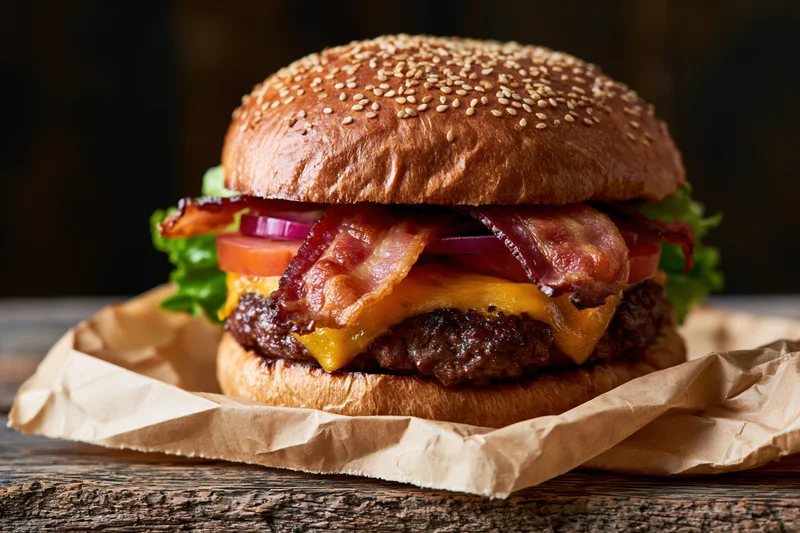 Thick bacon cheeseburger with melted cheddar and crispy bacon on sesame bun, served on crumpled paper atop wooden table