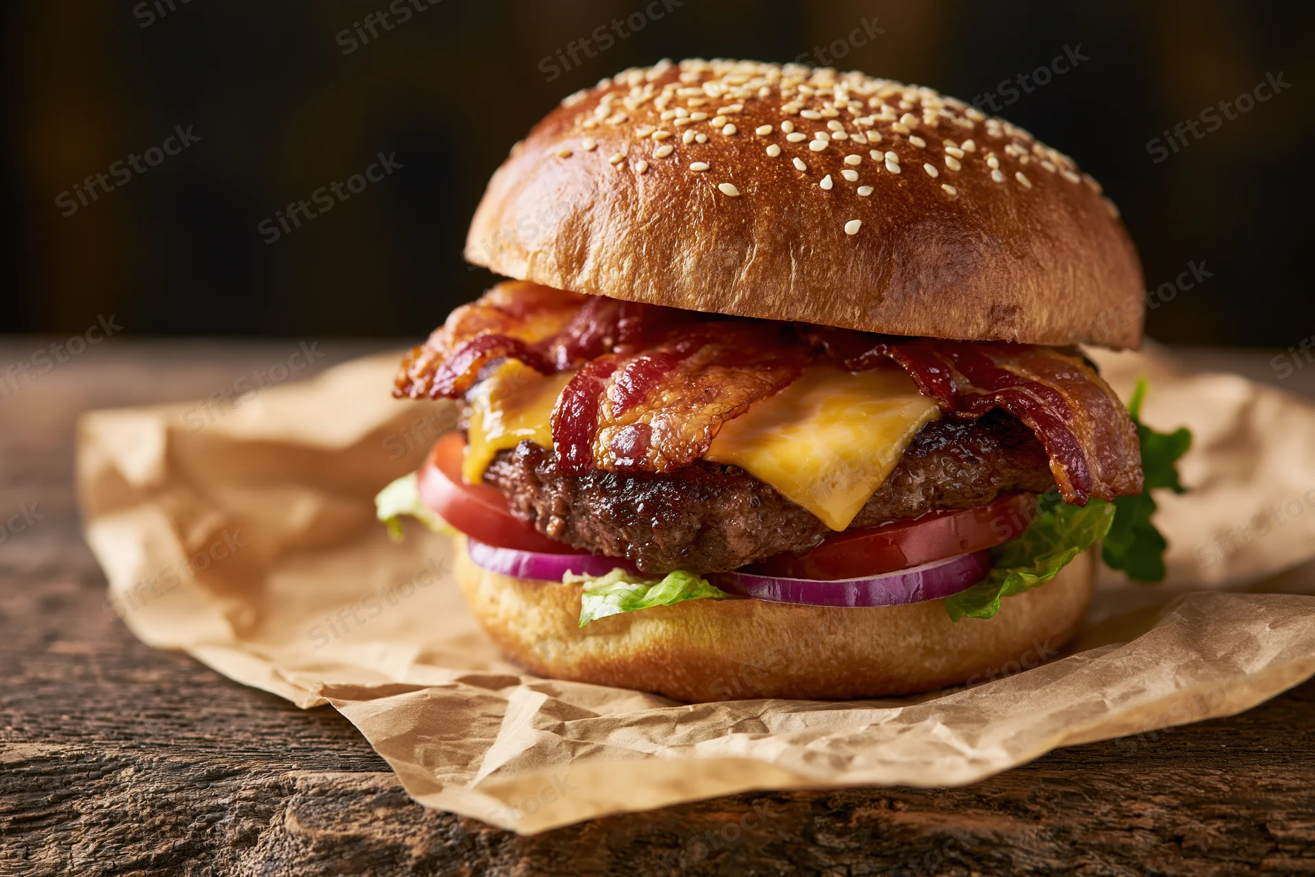 Thick bacon cheeseburger with melted cheddar and crispy bacon on sesame bun, served on crumpled paper atop wooden table