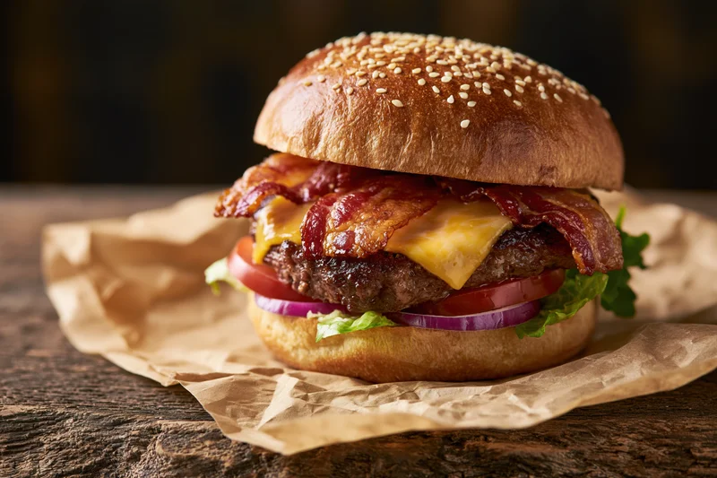 Thick bacon cheeseburger with melted cheddar and crispy bacon on sesame bun, served on crumpled paper atop wooden table