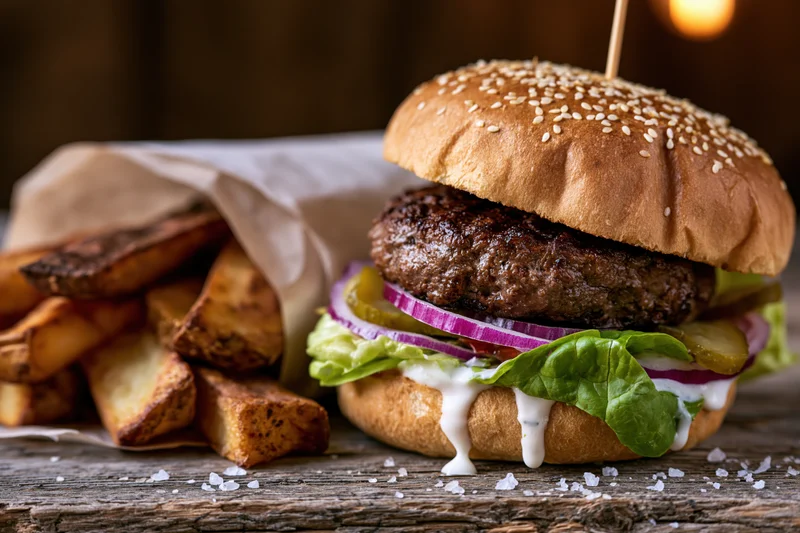 Thick beef burger with lettuce onion pickle and sauce on toasted sesame bun beside potato wedges on rustic wooden table
