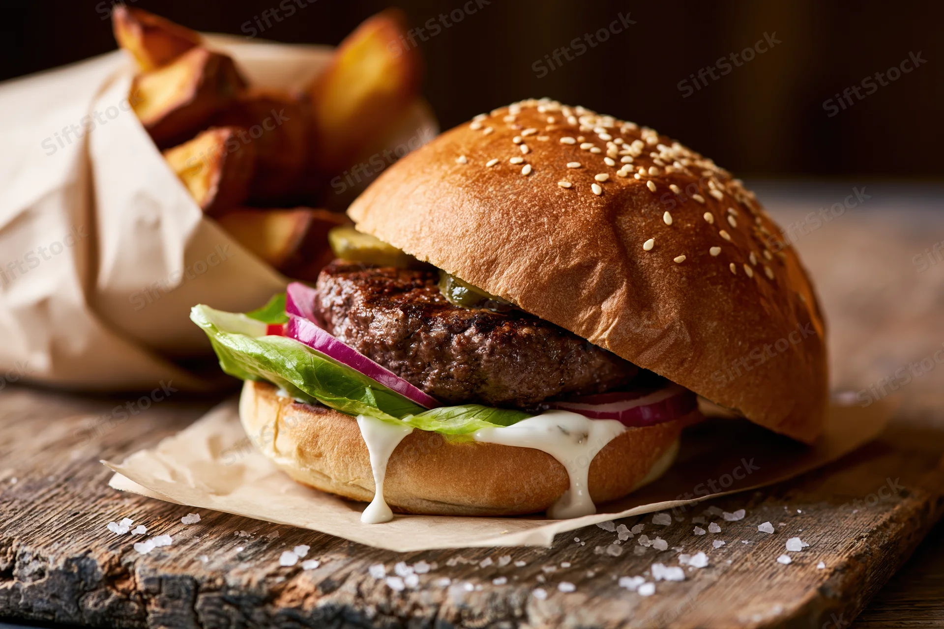 Thick beef burger with sesame bun and toppings on wooden board beside paper-wrapped fries