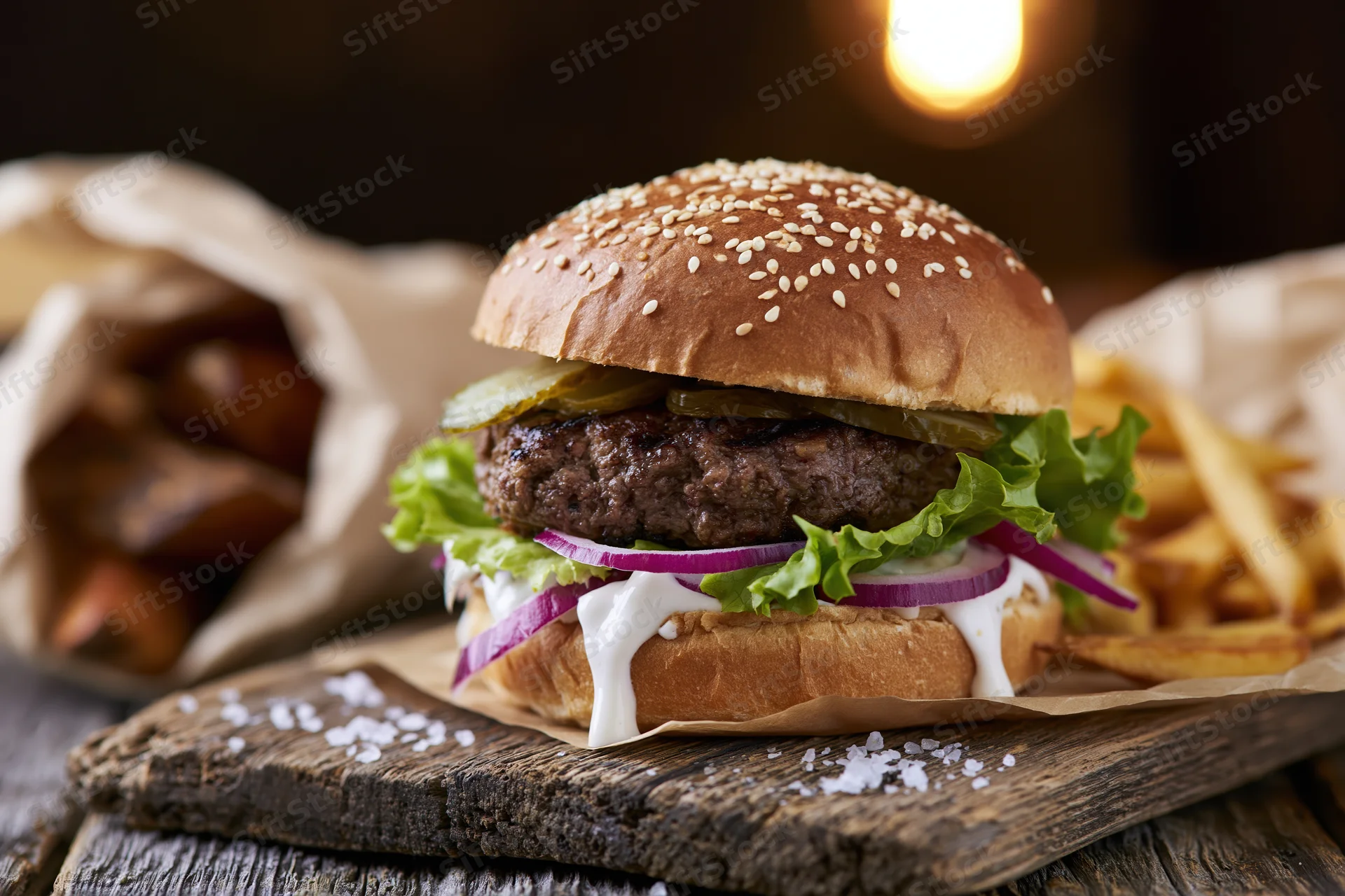 Thick beef burger with lettuce, onion, pickle and sauce on a sesame brioche bun served with fries on a wooden board