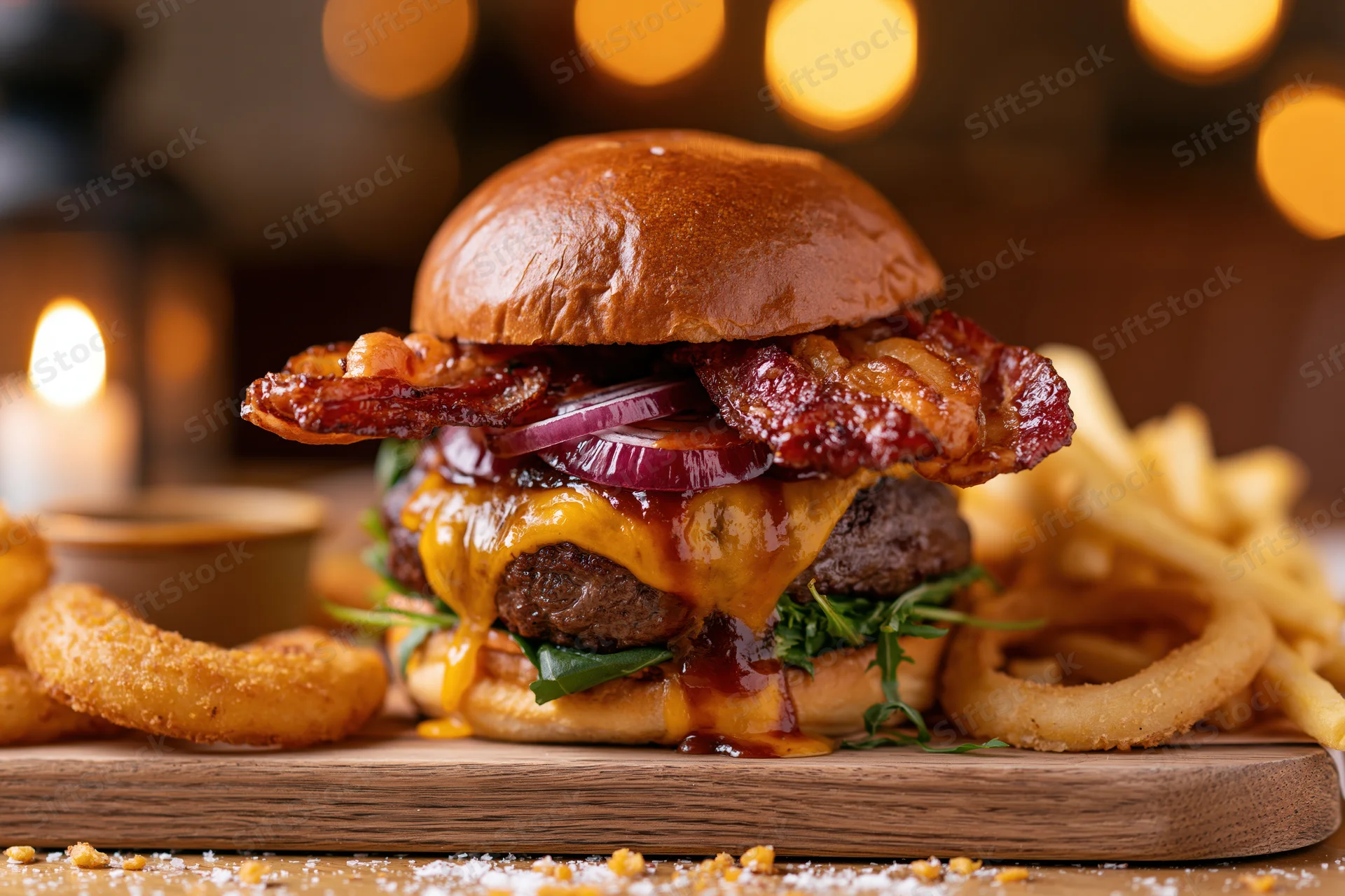Thick beef burger with crispy bacon and melted cheddar on a wooden board with fries and onion rings beside it