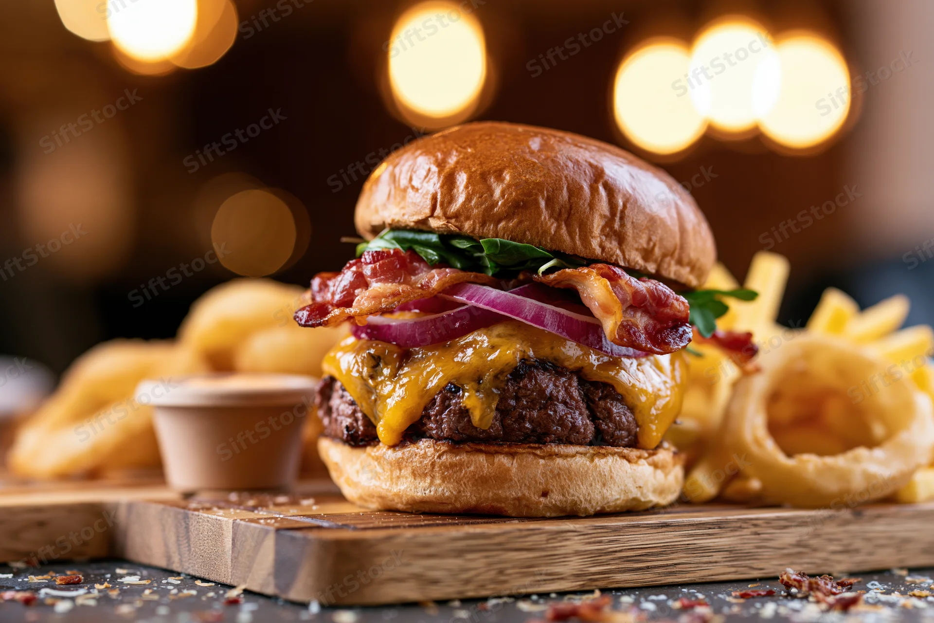 Thick beef burger with bacon and melted cheddar on a wooden board with fries and onion rings