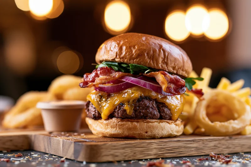 Thick beef burger with bacon and melted cheddar on a wooden board with fries and onion rings