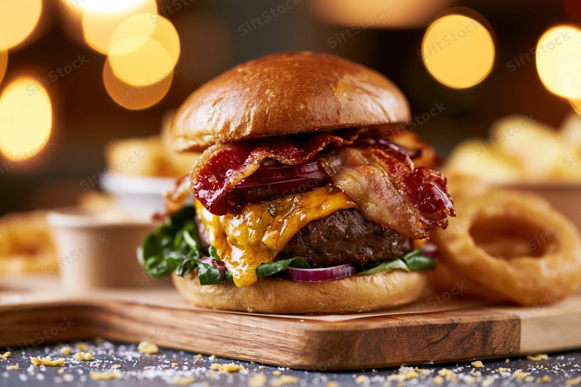 Thick beef burger with crispy bacon and melted cheddar on a wooden cutting board with onion rings and fries nearby
