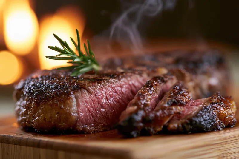 Thick grilled ribeye steak sliced and resting on wooden cutting board with rosemary garnish and steam rising