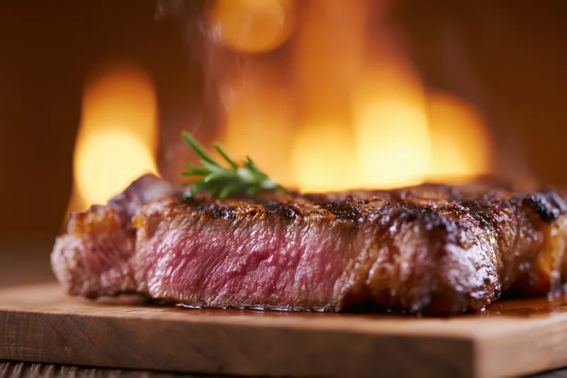Thick grilled ribeye steak with rosemary on wooden cutting board in front of flames