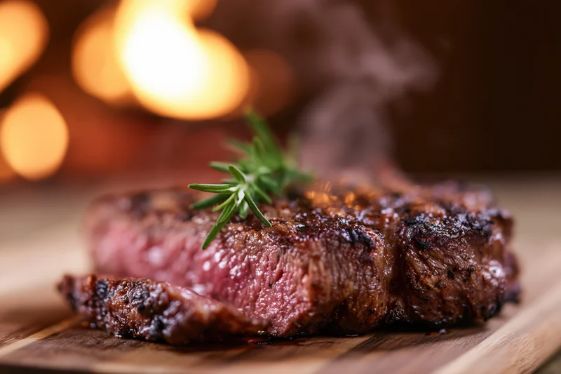 Thick grilled ribeye steak with rosemary garnish on wooden cutting board, steam rising, warm bokeh lights in background