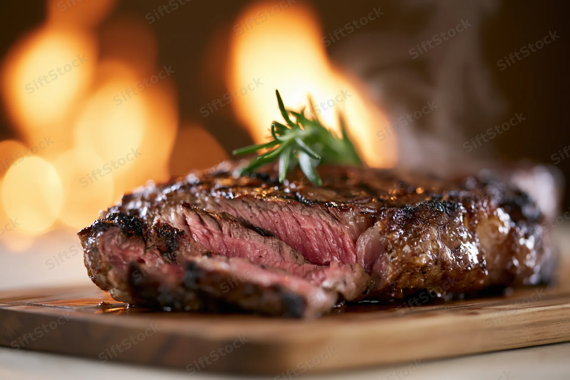 Thick grilled ribeye steak with rosemary garnish on wooden cutting board, flames glowing in background