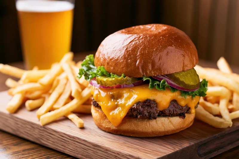 Cheeseburger with melted cheddar, pickles, lettuce, and red onion on a wooden cutting board with french fries and a glass of beer beside it