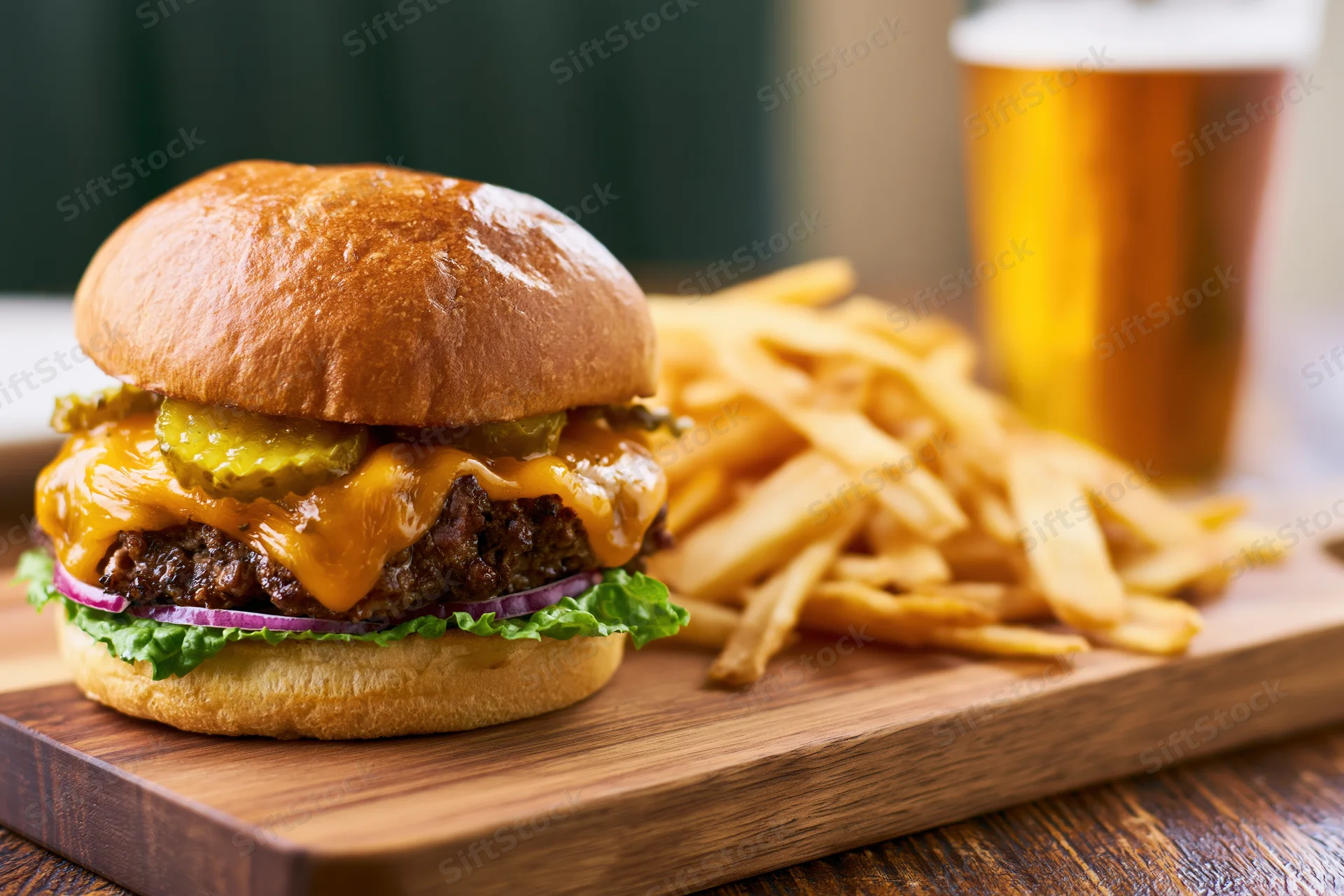 Cheeseburger with melted cheddar, pickles, red onion and lettuce on a wooden board beside french fries and a glass of beer