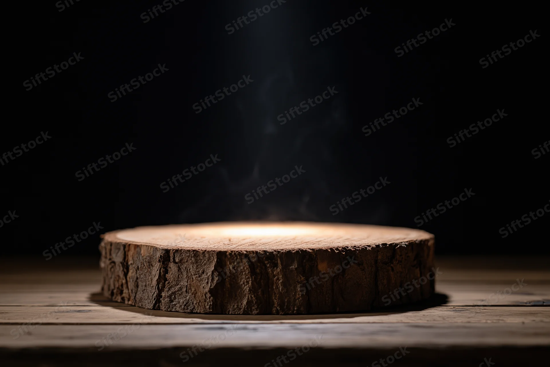 Thick round wood slice stump on worn wooden plank with glowing center and rising smoke