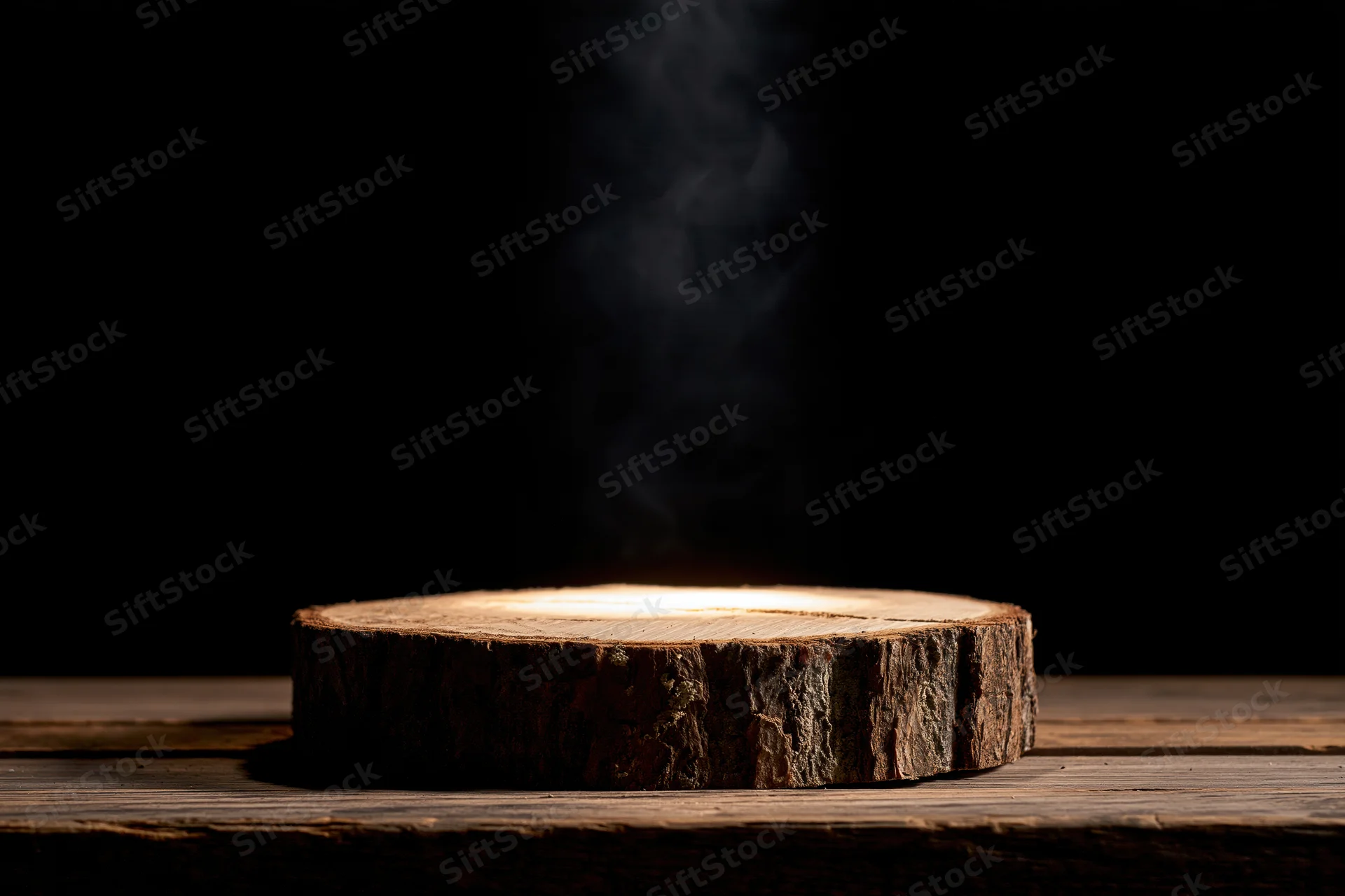 Thick round wood slice stump on worn wooden plank with rising smoke and spotlight focus