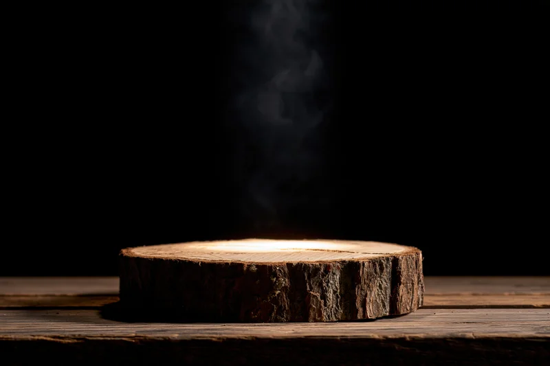 Thick round wood slice stump on worn wooden plank with rising smoke and spotlight focus