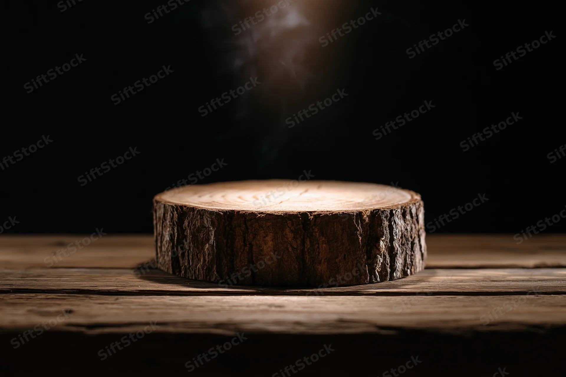 Thick round wood slice stump on worn wooden plank under spotlight with smoke rising