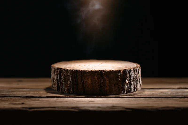 Thick round wood slice stump on worn wooden plank under spotlight with smoke rising