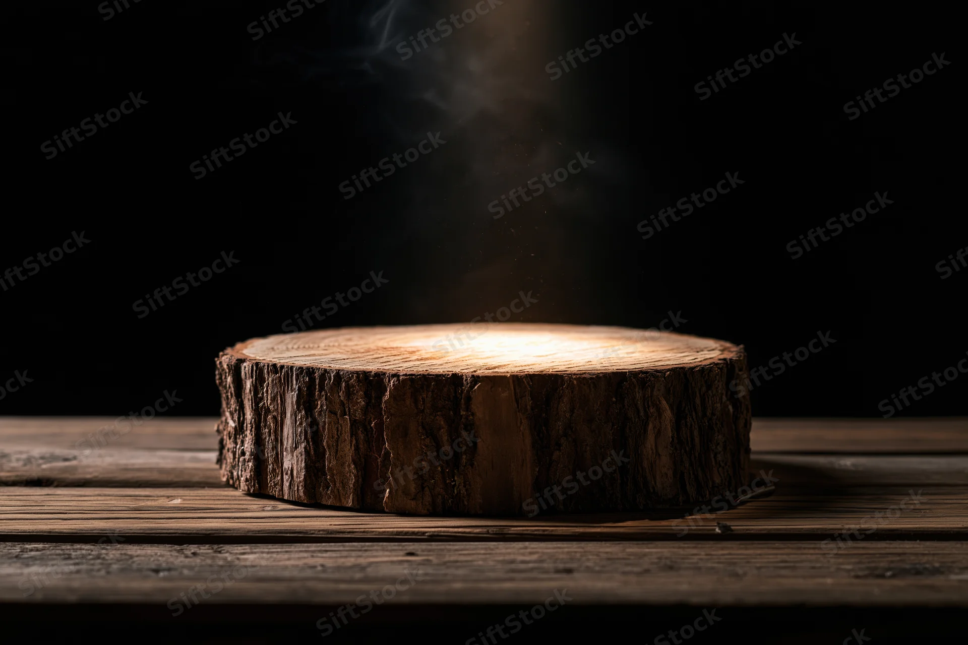 Thick round wood slice stump on worn wooden plank with glowing center and rising smoke